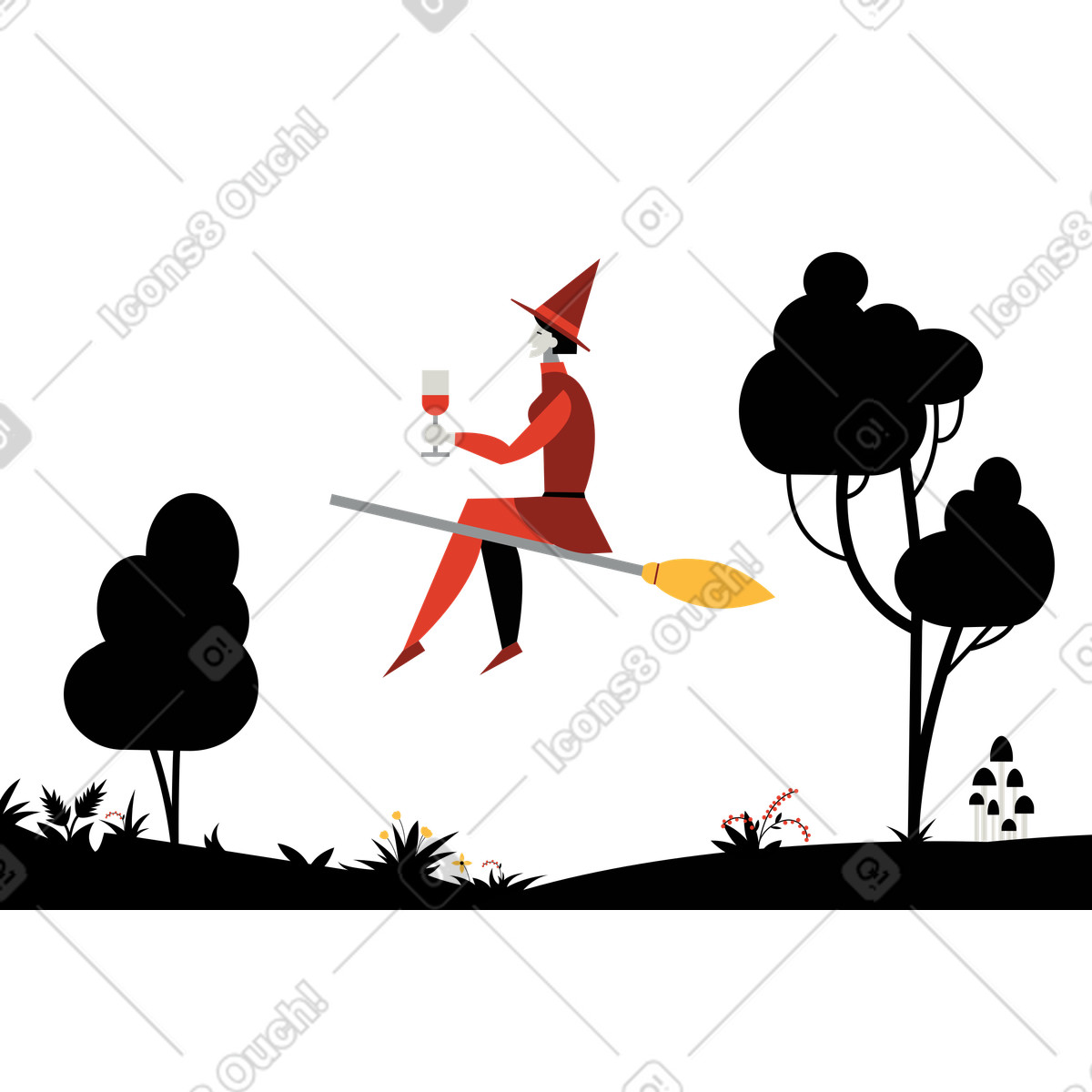 Strega con bicchiere di vino in mano che vola su una scopa illustrazione stile Burgundy scarica PNG, SVG