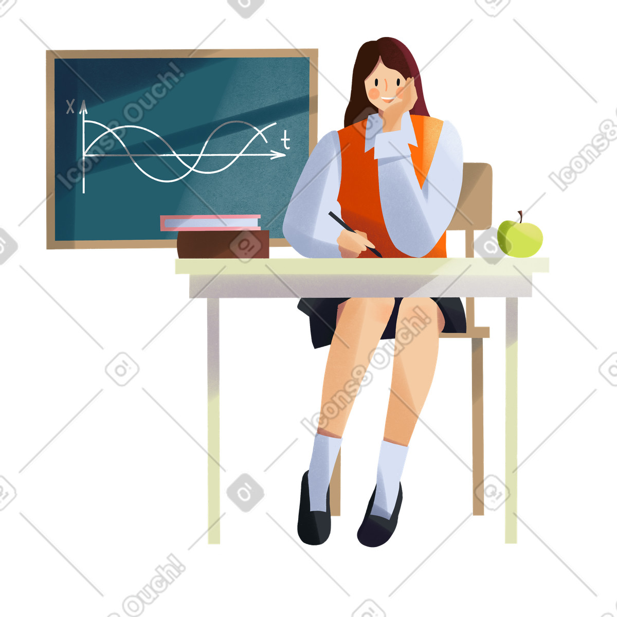 Studentin sitzt im matheunterricht am schreibtisch und lernt illustration in PNG, SVG
