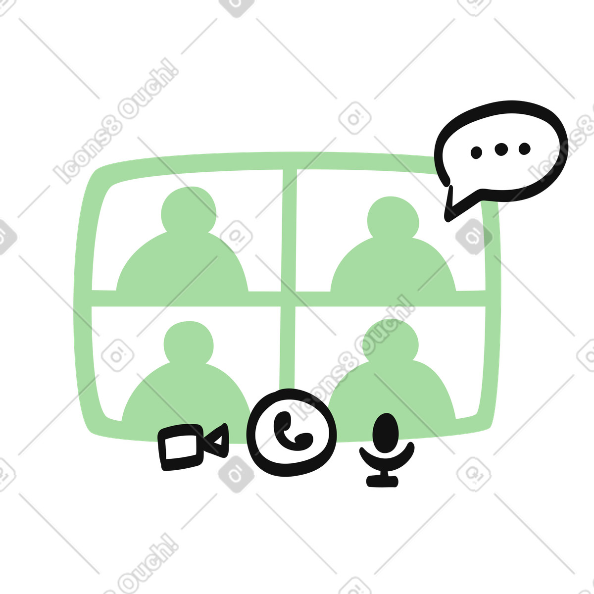 Video conference screen with four participants and chat speech bubble illustrazione in stile Organic scarica in PNG, SVG