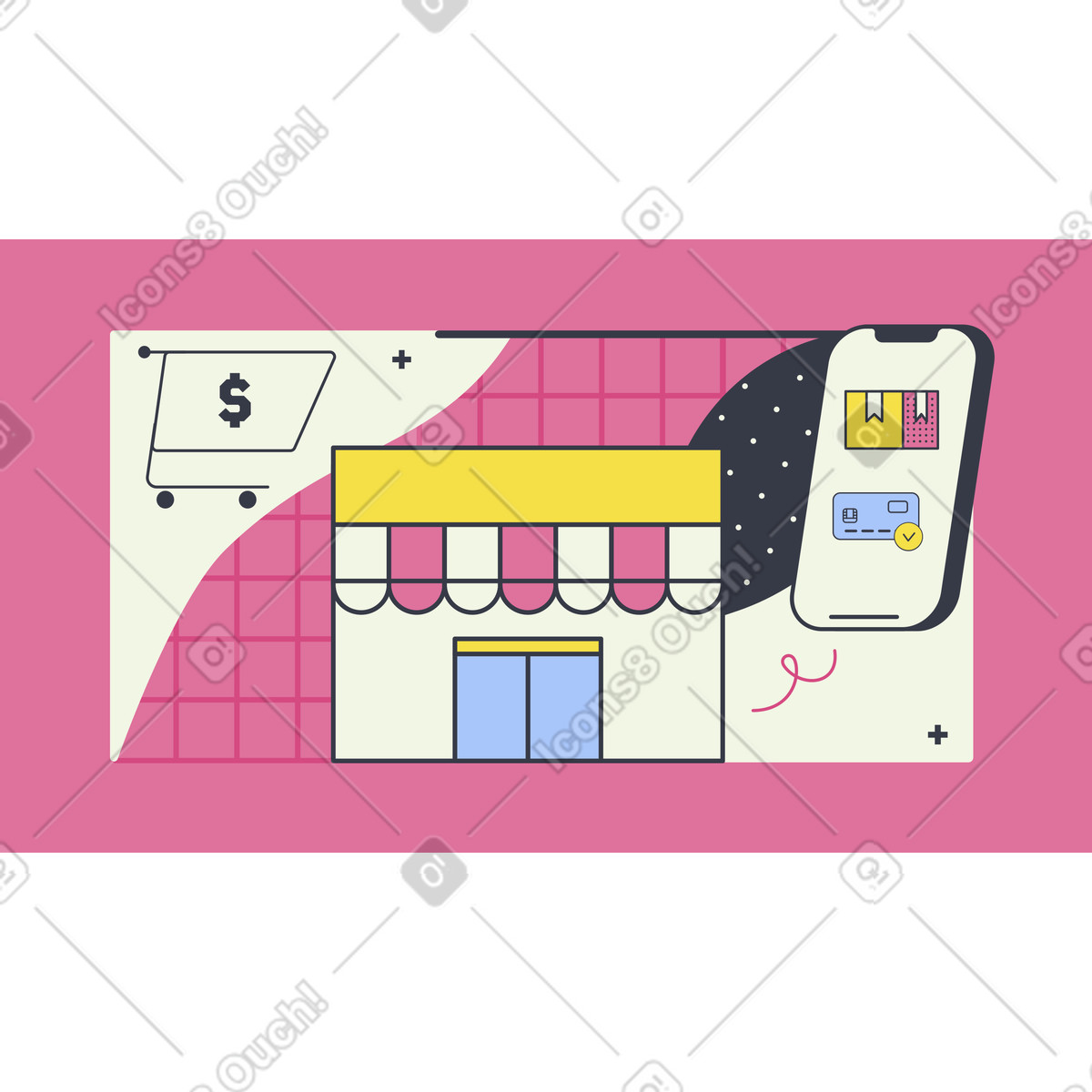 Abstract スタイルの 店舗とモバイルでのオンラインショッピング のイラストをPNG、SVG形式でダウンロード