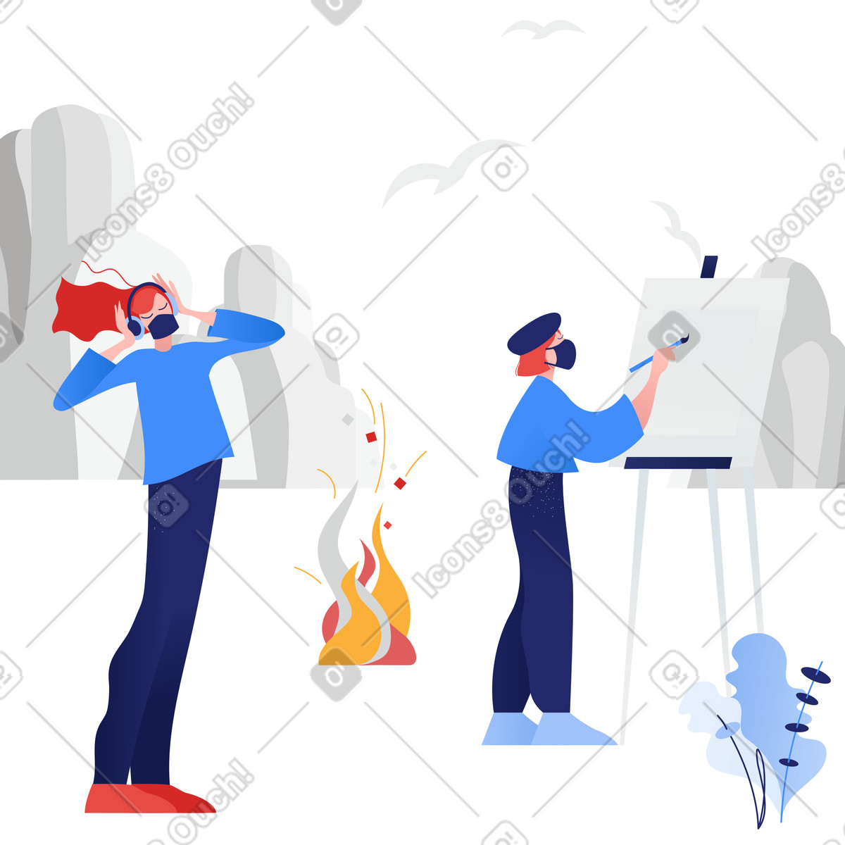 Girls having rest plein air illustration painting clipart graphics during pandemic