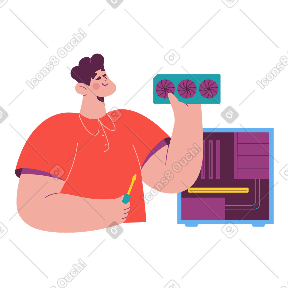 Technician upgrading desktop with new graphics card, Setting up or repairing gaming PCs illustration in Sammy style download in PNG, SVG
