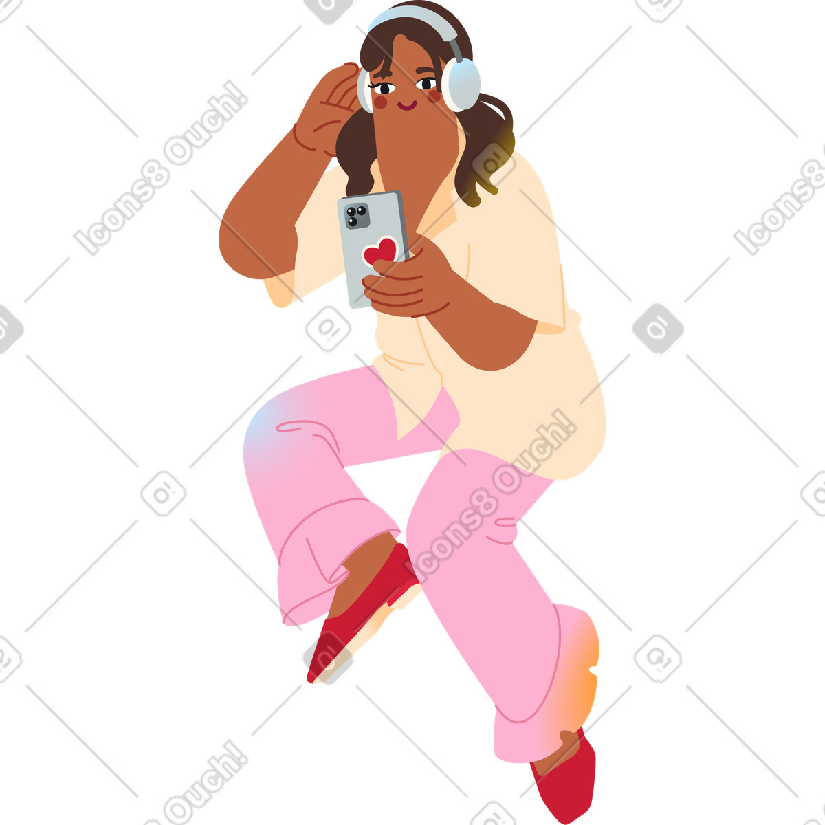 下载 Fizzy 风格的 戴着耳机看手机的女人 插画，支持 PNG、SVG 格式
