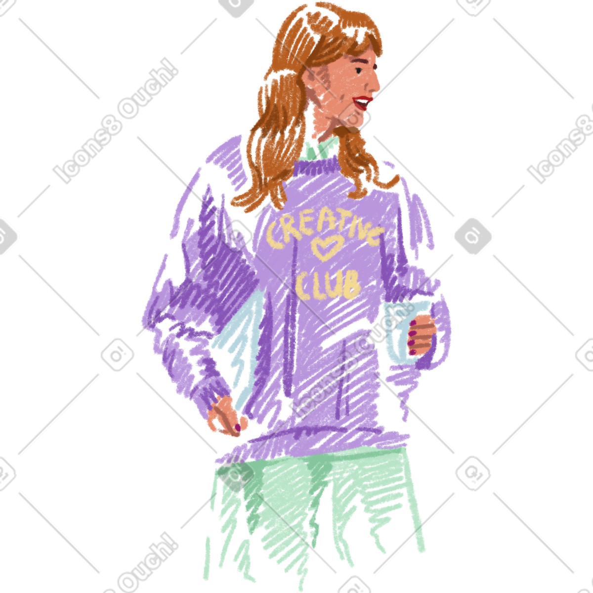 Young woman with long hair illustrazione in stile Sketchbook scarica in PNG, SVG