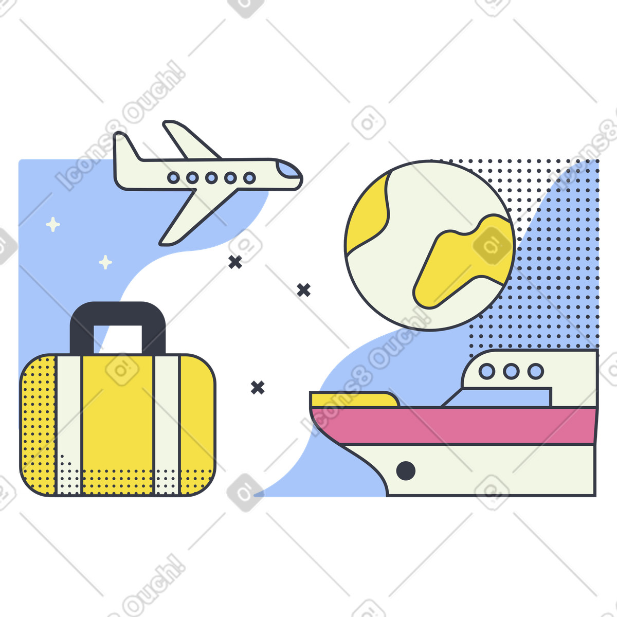 Airplane and ship with globe, Global travel and transportation illustration in Abstract style download in PNG, SVG