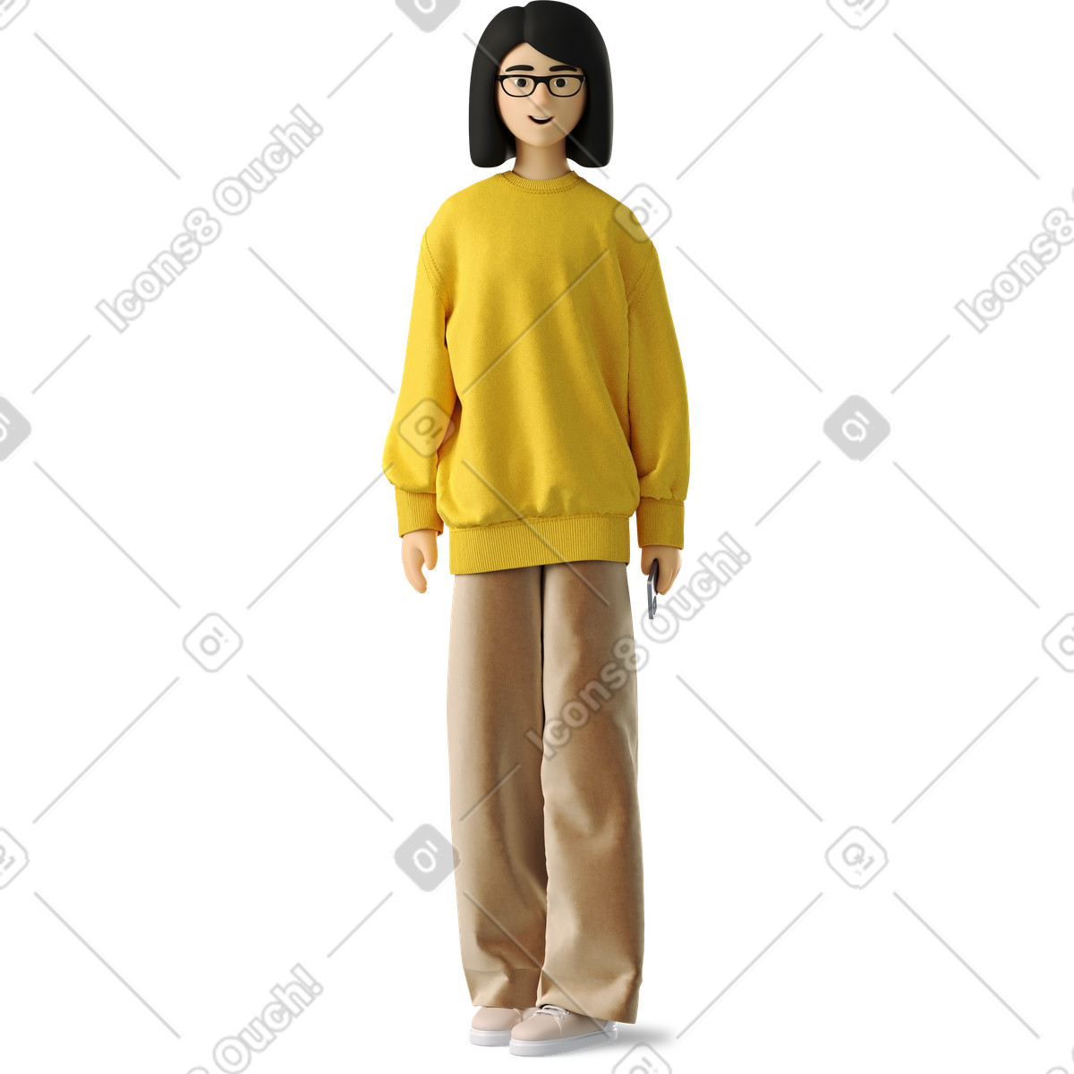 Ilustración Mujer joven en suéter amarillo y gafas de pie estilo 3D Business a descargar PNG SVG