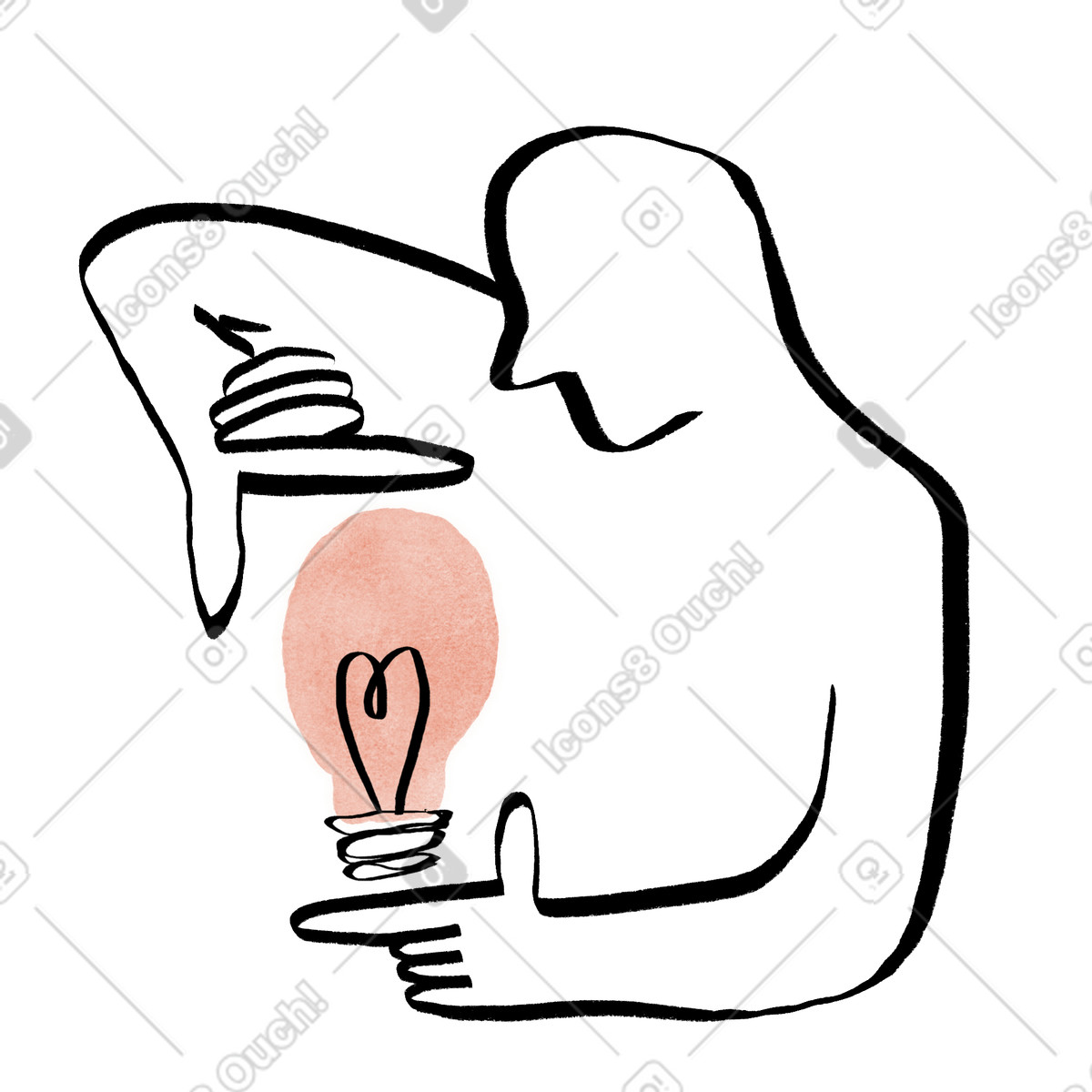Persona che presenta la propria idea ingrandendo e rimpicciolendo una lampadina mostra il proprio piano illustrazione animata in stile Hand-drawn animation scaricabile in GIF, Lottie (JSON), AE