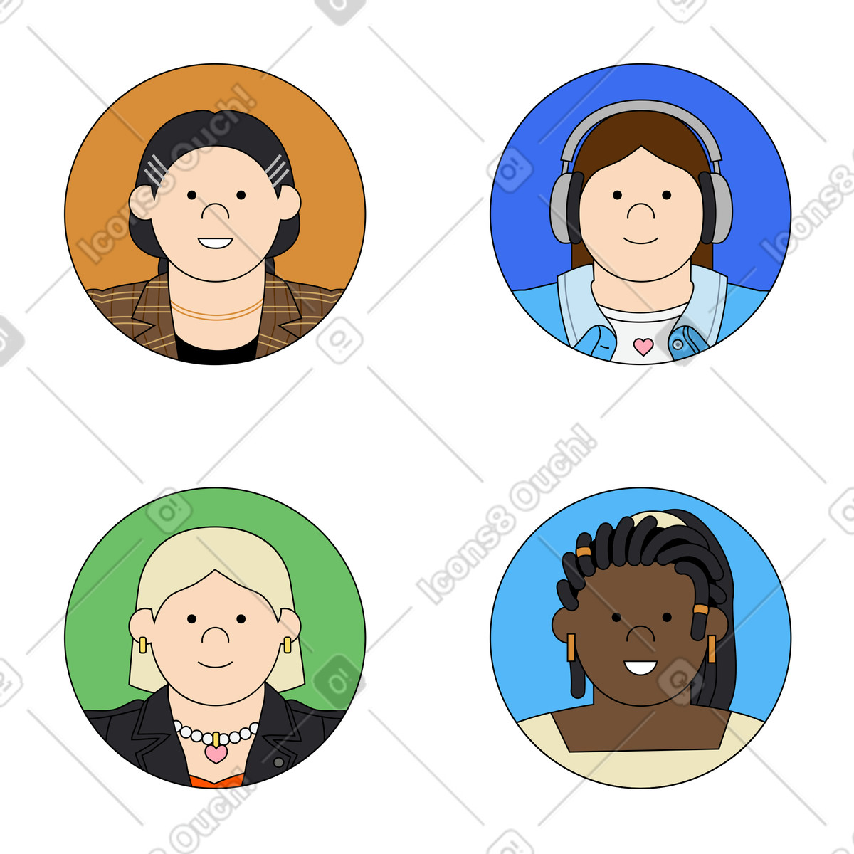 Set di avatar femminili illustrazione in stile Kindy scarica in PNG, SVG