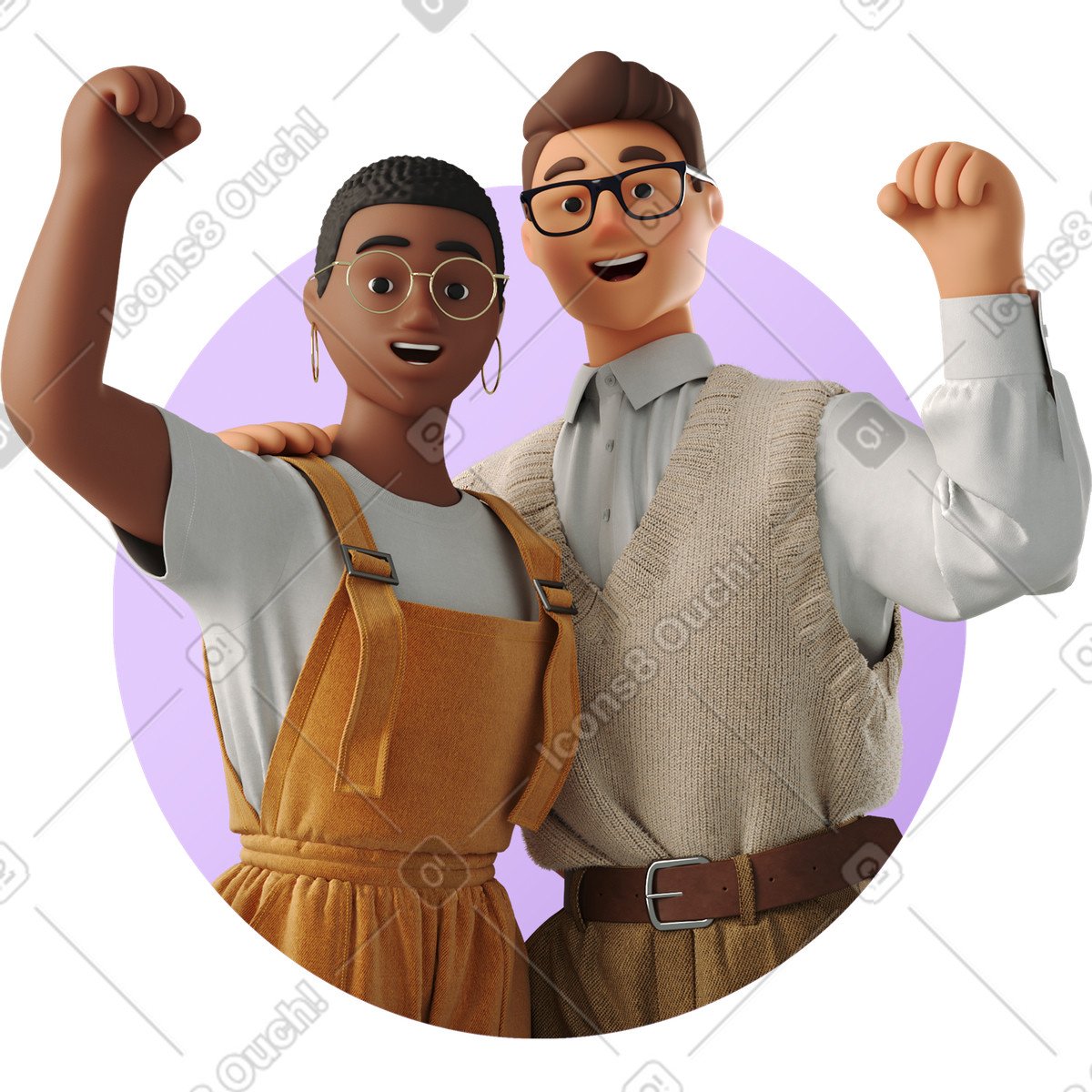 Young man and woman raising their fists up illustration in 3D Business style download in PNG, SVG