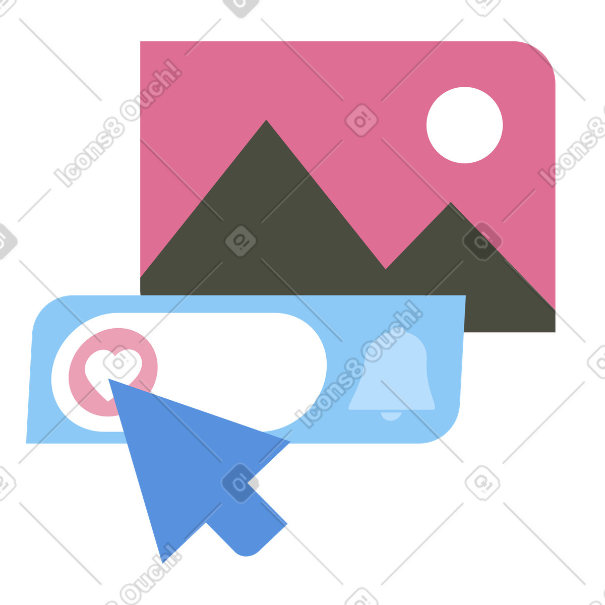 Cursor clicking like button on image, online content interaction and feedback, social media user engagement illustration in Vector style download in PNG, SVG