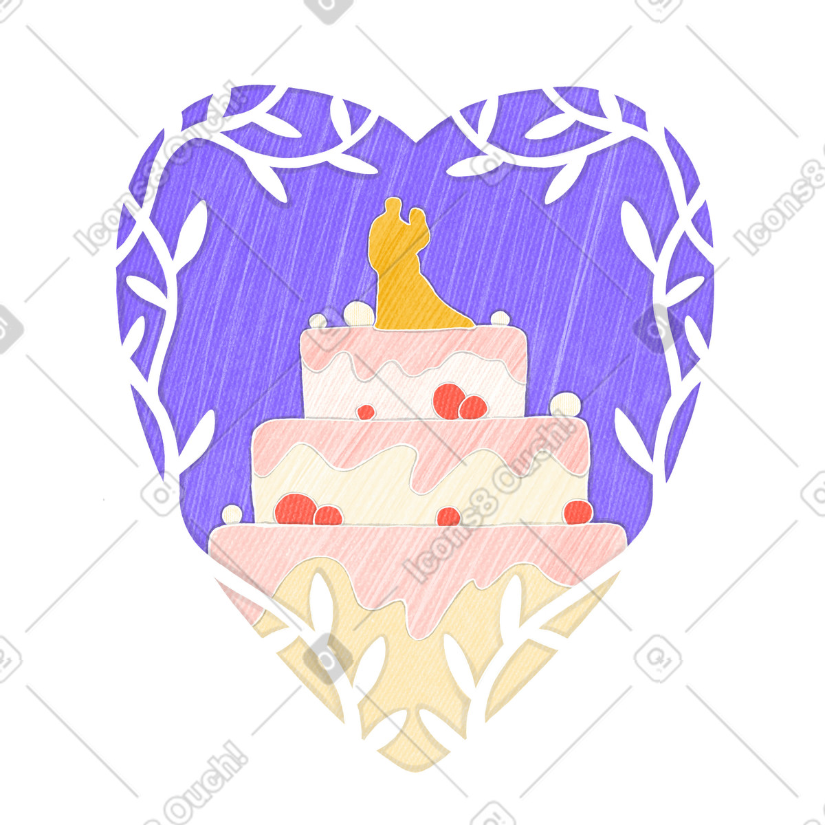 Lilac frame in the shape of a heart with wedding cake illustrazione stile Crafty scarica PNG, SVG