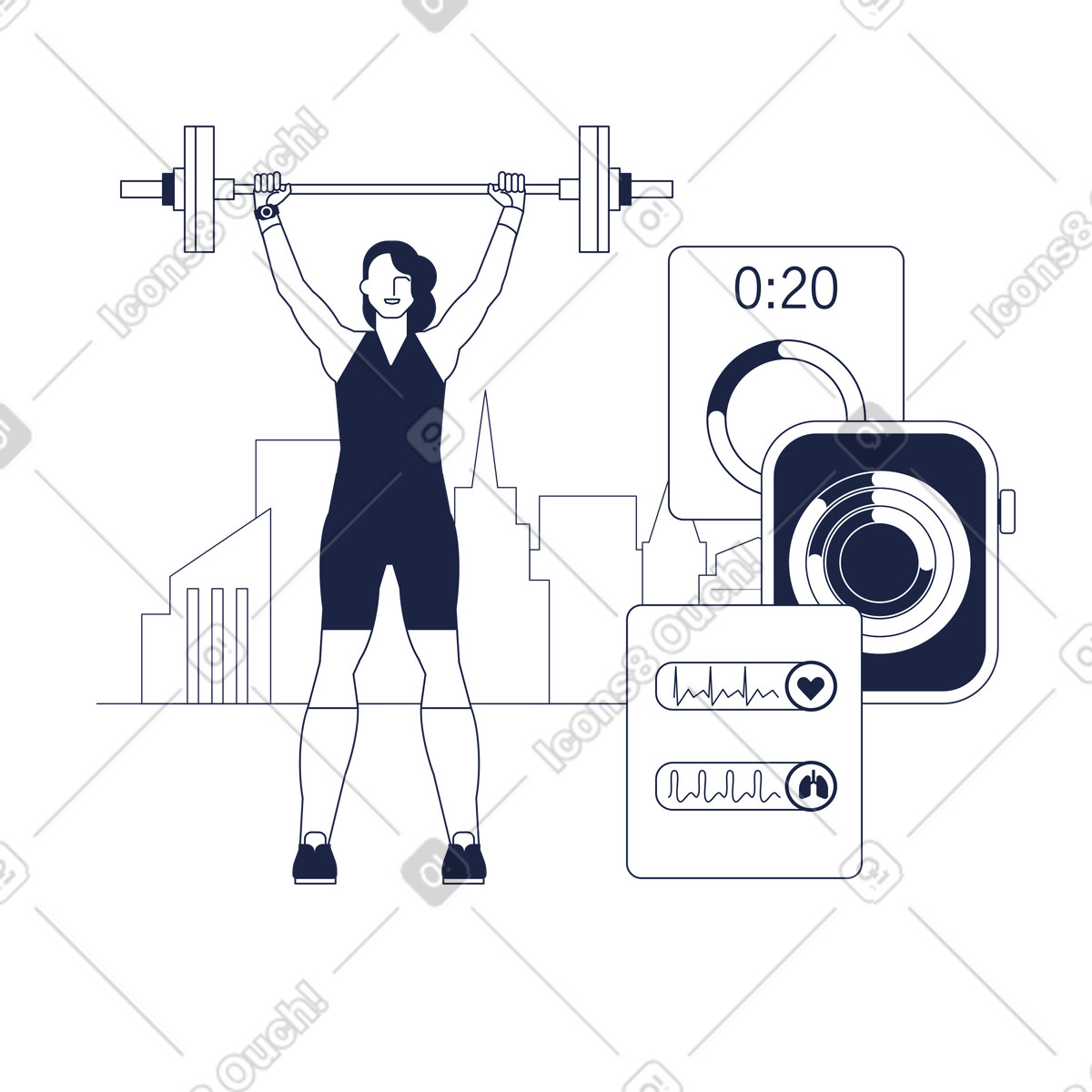 Illustration Entraînement avec l'application de suivi l'activité physique dans le style Urban Line à télécharger aux formats PNG, SVG