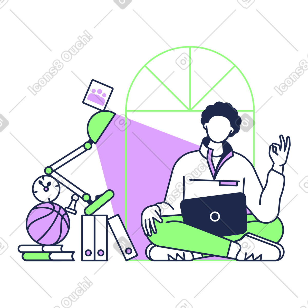 Outline 스타일의 Freelancer practicing mindfulness while working, Work-life balance in remote workspace 일러스트레이션 PNG, SVG 다운로드