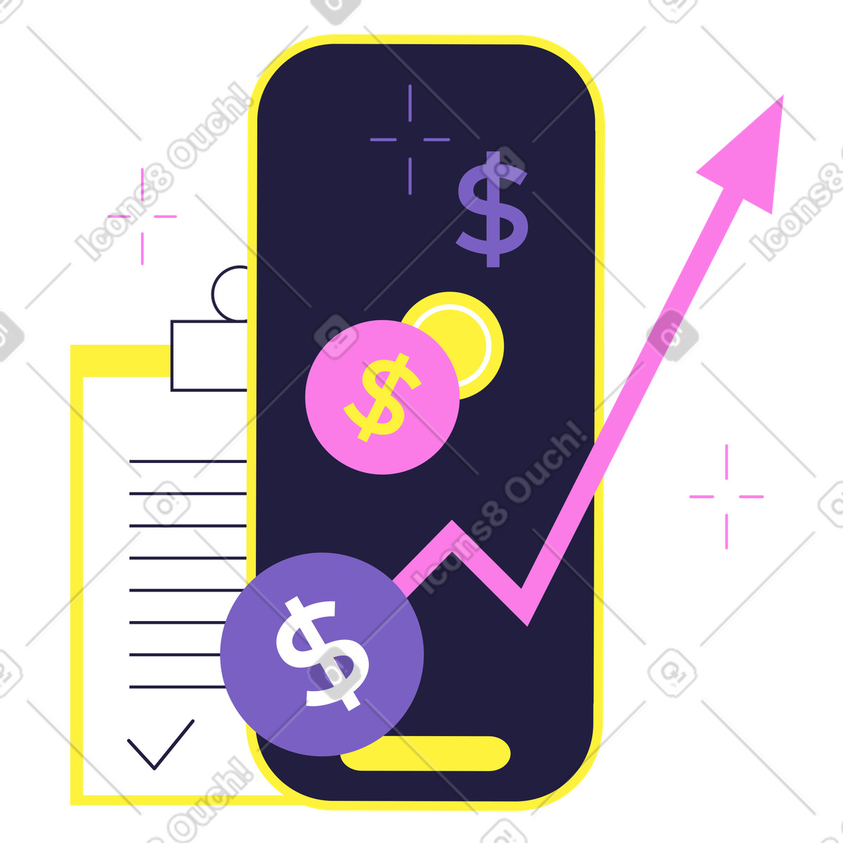 下载 Mellow 风格的 带箭头、金钱、星星的电话 插画，支持 PNG、SVG 格式