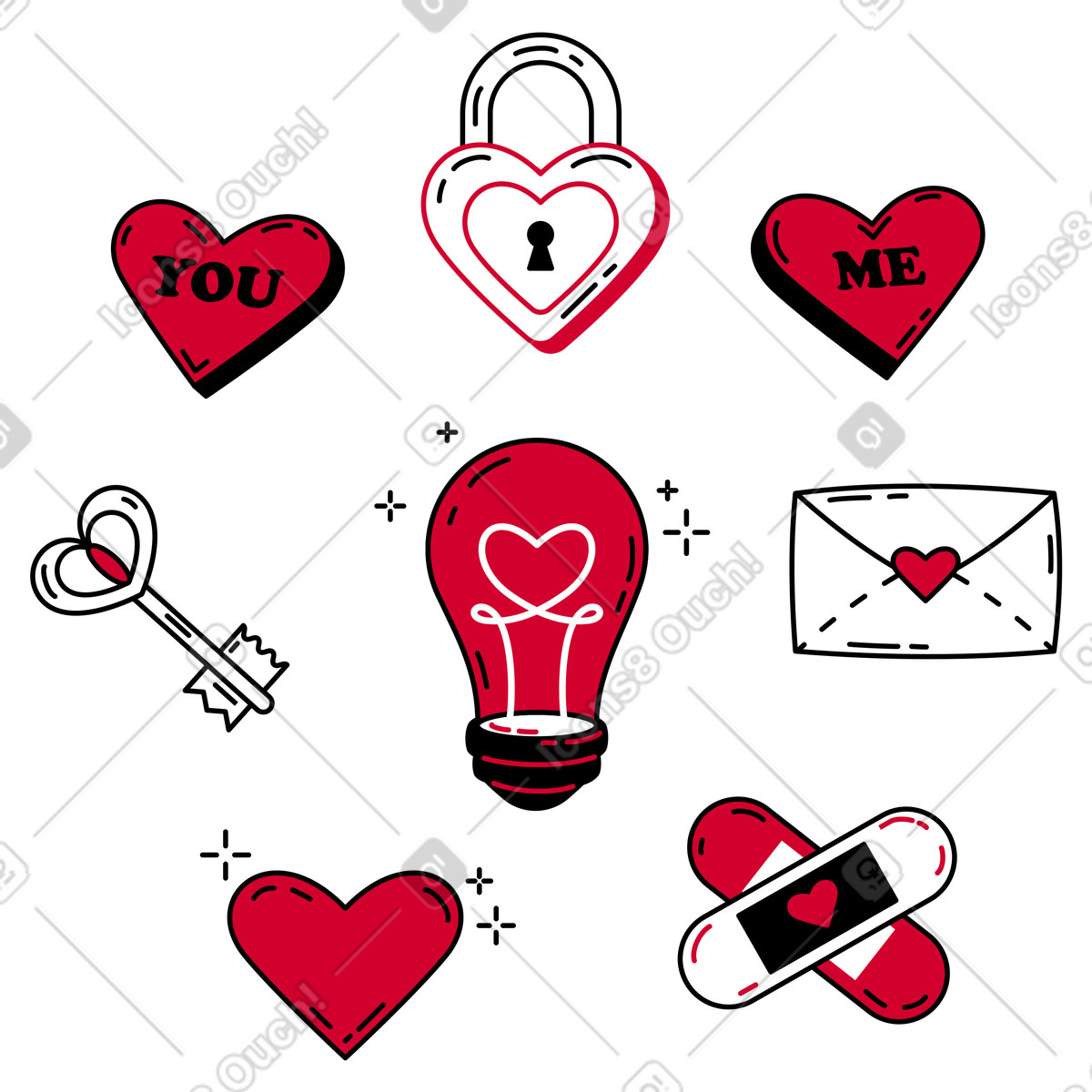 Illustration Collection d'objets avec des coeurs dans le style Ruby à télécharger aux formats PNG, SVG