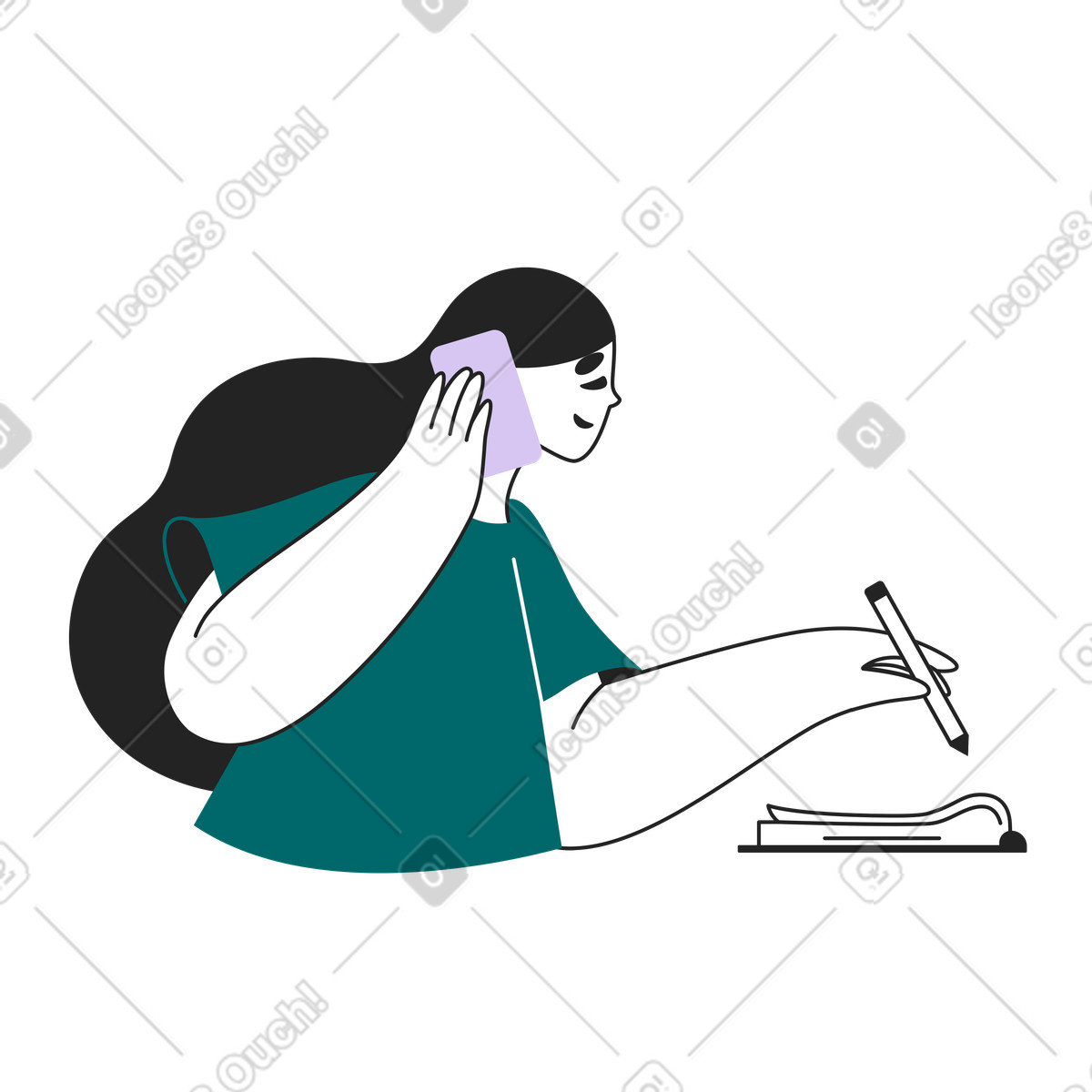 Employee writing during phone conversation, Office task or business communication illustration in Sammy Line style download in PNG, SVG