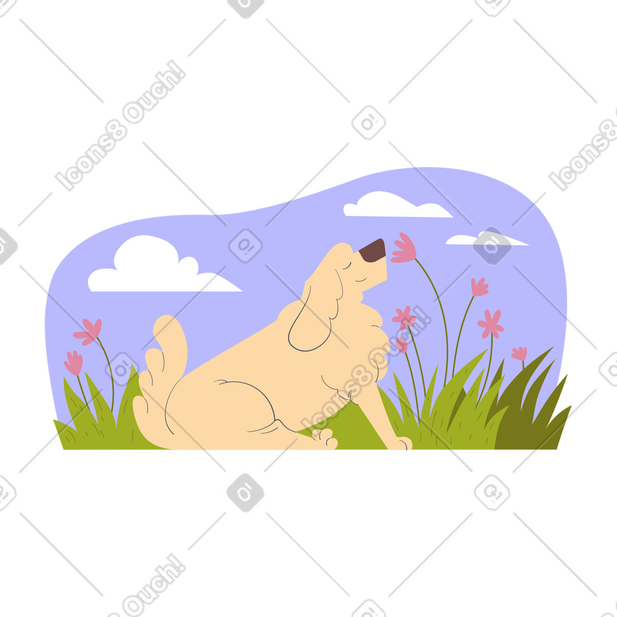 Ilustração de O cachorro gosta da natureza e das flores em no estilo Woof para baixar em PNG, SVG