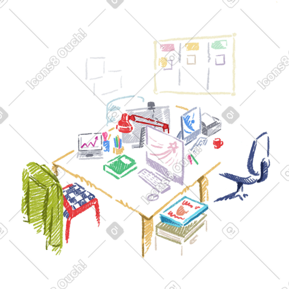 Shared work desk illustration featuring office space clipart graphics for download in GIF