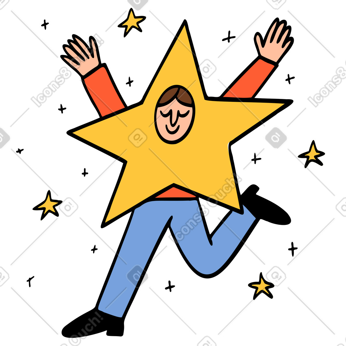 Person im sternenkostüm läuft fröhlich, erfolg, herausragende mitarbeiterbelohnung-Illustration Comic-Stil als Download in PNG, SVG