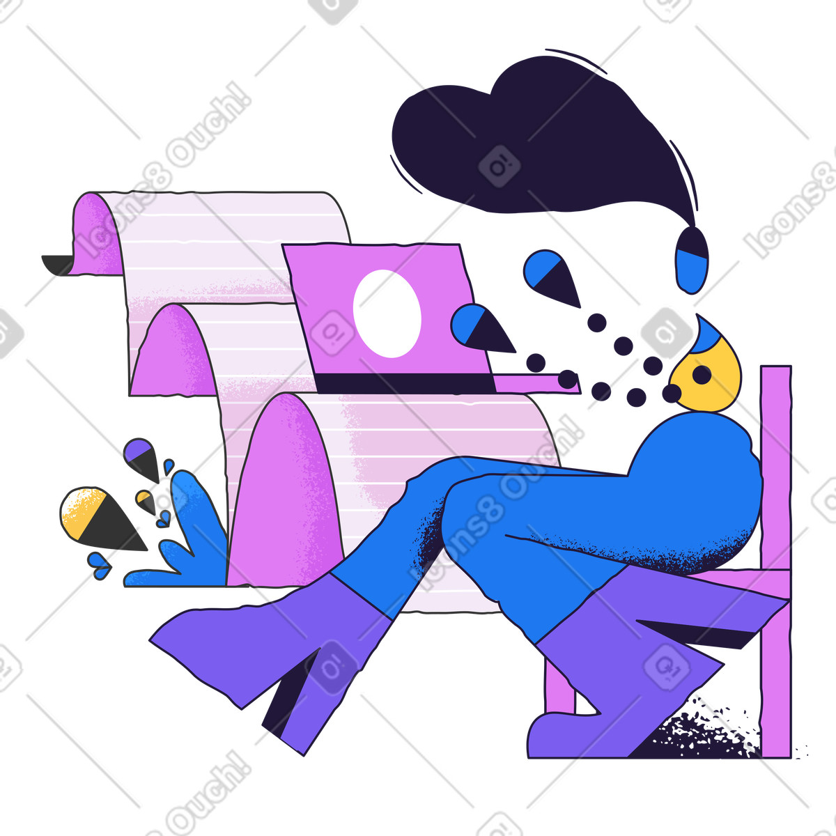Illustration Woamn tapant un rapport sur ordinateur portable dans le style Conifer à télécharger aux formats PNG, SVG