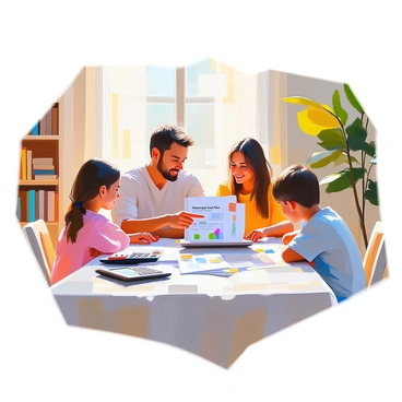 A family is gathered around a dining table, discussing their finances with focused expressions. The table is cluttered with papers, a calculator, and a laptop displaying financial charts. The parents, a man with short dark hair and a woman with long brown hair, are pointing at a document labeled "Emergency Fund Plan." Their two children, a boy and a girl, are listening attentively. In the background, a bookshelf filled with books and a plant add warmth to the scene. Sunlight streams in through a window, illuminating the family's efforts as they work together to secure their financial future.