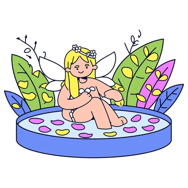 A flower fairy with delicate, translucent wings is taking a relaxing bath in a pond filled with pink and yellow flower petals. The fairy has long, flowing hair adorned with small blossoms. Surrounding the pond is lush greenery, including tall ferns and vibrant leaves, creating a natural and tranquil setting. Sunlight filters through the trees, casting soft shadows on the water's surface.