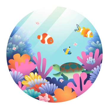 A vibrant coral reef is filled with an array of colorful corals in shades of pink, orange, and purple. Various fish species swim among the corals, including clownfish with bright orange and white stripes and blue tangs with yellow bodies. A sea turtle glides gracefully through the water, its shell a rich blend of greens and browns. Small, delicate sea anemones sway gently in the currents, providing shelter for tiny shrimp. Rays of sunlight filter down through the water, illuminating the rich biodiversity in this underwater scene.