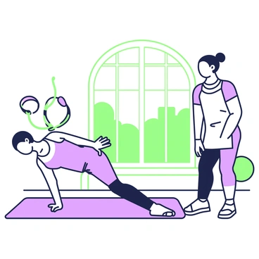 An athlete is performing pelvic tilts as part of a rehabilitation routine. The athlete is lying on a yoga mat on their back, with knees bent and feet flat on the ground. Their hands are resting at their sides. A physical therapist is standing beside the athlete, offering guidance. In the background, there are exercise bands and a stability ball placed against the wall. A large window allows natural light to illuminate the space.
