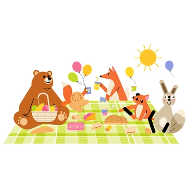 A vibrant picnic scene featuring various animals gathered together on a green checkered blanket. A cheerful brown bear is sitting with a basket filled with fruits, while a playful fox pours lemonade into cups. Nearby, a curious rabbit is nibbling on a carrot, and a wise owl perches on a tree branch, observing the gathering. Colorful balloons float in the air, and a bright sun shines down, casting a warm glow on the happy scene. Different types of food like sandwiches, cookies, and fresh fruits are spread out on the blanket, adding to the festive atmosphere.