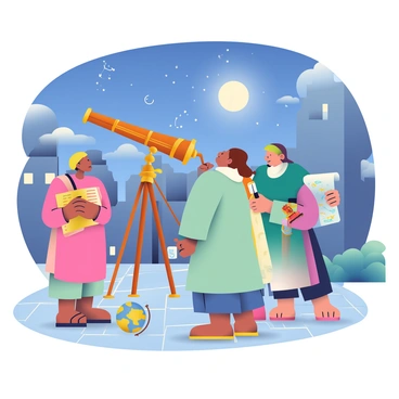 A group of ancient scholars with varied skin tones and traditional robes is gathered in a stone courtyard under a night sky. They are intently observing stars and planets through a large, ornate telescope made of wood and brass. One scholar stands next to the telescope, pointing at a constellation in the sky, while another is taking notes on a scroll with a quill. A third scholar is holding a celestial globe with intricate details of the stars and celestial bodies. The courtyard is surrounded by ancient stone buildings, and the moonlight casts soft shadows around the scene, highlighting the scholars' focused expressions and the tools of their study.