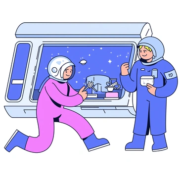 Two astronauts in sleek space suits are inside a modern space station. One astronaut is kneeling, carefully placing a small container filled with cosmic dust into a designated storage compartment. The second astronaut is standing nearby, holding a tool for collection and examining a celestial sample under a bright LED light. The interior of the space station features large windows showcasing the vastness of space, with distant stars and a planet visible outside. Various scientific instruments and equipment are neatly organized on the walls.