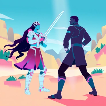 Priscilla, a fierce warrior with long flowing hair and wearing intricately designed armor, stands poised in a dramatic duel. She faces her opponent, a tall figure clad in dark clothing, with a determined expression. The sun beats down on them, casting sharp shadows on the sandy ground, and the landscape is dotted with sparse cacti and rocky outcrops. Dust swirls around their feet as they prepare for battle, and the tension in the air is palpable. In the background, a deep blue sky contrasts with the golden hues of the desert.