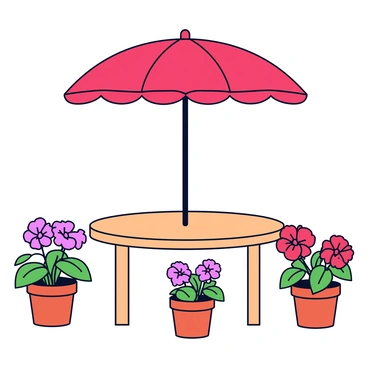 A garden table with a parasol surrounded by pots of blooming geraniums