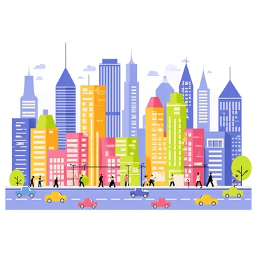 A bustling cityscape filled with tall buildings of various architectural styles. Each building emits a subtle colored aura, creating a vibrant and dynamic atmosphere. The streets below are busy, with small groups of people walking, some chatting, and others hurrying to their destinations. Colorful vehicles are moving along the roads, adding to the liveliness of the scene. The sky above is a clear blue, allowing the sunlight to reflect off the buildings and their auras, enhancing the overall energy of the city.
