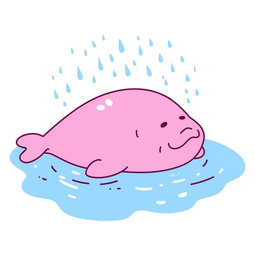A pink blobfish is floating in the water, enjoying a gentle rain shower. The surface of the water is dotted with numerous small raindrops, each creating distinct ripples that spread outward. The blobfish has a relaxed expression, with its body slightly swaying in response to the soft movement of the water. Surrounding the fish, the shimmering water reflects the light, creating a tranquil ambiance.