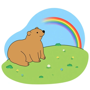 A stout wombat with soft, brown fur is sitting comfortably on a grassy hill. The hill is gently sloping and covered in lush green grass with patches of wildflowers in various colors. In the distance, a vibrant rainbow arcs across a bright blue sky, its colors clearly defined and vivid. The wombat gazes curiously at the rainbow, its small, round ears perked up, and its nose twitching slightly. The scene is filled with a cheerful atmosphere, emphasizing the playful nature of the moment.