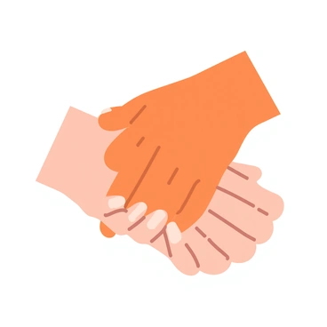 A close-up of two hands intertwined, with one hand gently cradling the other in a comforting gesture. The hand on the bottom has a fair complexion, featuring neatly trimmed nails and delicate veins visible. The hand on top has a warm, sun-kissed tone and slightly larger fingers, resting softly against the other. The background is softly blurred, drawing attention to the warmth and tenderness of the hands in this intimate moment.