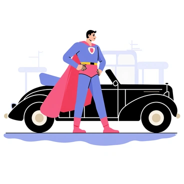 A 1940s-style superhero wearing a bright blue and red costume with a flowing cape is posing heroically. The superhero has a strong stance with hands on hips, showcasing a confident expression. Behind the superhero, there is an old-timey car with shiny chrome details and classic curves, painted in a glossy black color. The scene captures the essence of the era, with a simple city street in the background. The sky is clear, adding to the vibrant colors of the scene.