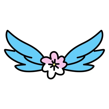 A pair of large, elegant wings, featuring intricate feather details, are spread wide and gently enveloping a delicate flower. The flower, with soft petals in shades of pink and white, rests at the center, showcasing its fragile beauty. The wings have a subtle gradient, blending colors from deep blue at the base to lighter hues at the tips. The overall composition emphasizes the contrast between the strength of the wings and the delicacy of the flower, creating a visual narrative of protection and beauty.