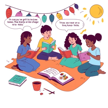 A group of children from different cultures is sitting together on a vibrant orange blanket at a colorful cultural fair. Each child is holding a distinct book that represents their background, with illustrations visible on the covers. One child, wearing a blue traditional outfit, animatedly reads a story aloud while others listen intently. Nearby, a girl in a teal dress and braids is sharing her favorite folktale using expressive hand gestures. Surrounding them are colorful decorations including paper lanterns and banners, creating a festive atmosphere. The sun is shining brightly, casting playful shadows on the blanket.