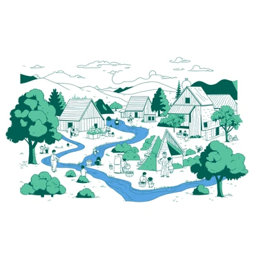 A white rural village scene is depicted with various houses featuring intricate wood detailing. In the foreground, there are several green trees with textured bark and leaves. The village is surrounded by rolling hills, and a blue river flows gently beside the houses. In the distance, a pale sun sets behind the hills, casting long shadows across the scene. People can be seen walking along a winding path, with some carrying baskets and others tending to their gardens. The entire composition is rich with detailed patterns and textures throughout the landscape.