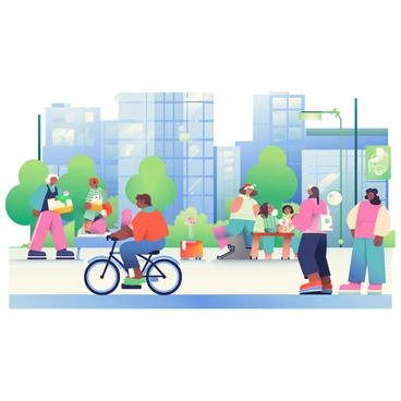 A diverse group of families is gathered in a vibrant smart city landscape. In the foreground, a family with two children is riding bicycles on a wide, smooth pathway. Nearby, another family is seated at a picnic table, enjoying food and drinks from an eco-friendly picnic basket. In the background, modern buildings with large glass windows reflect the clear blue sky, and there are green spaces with trees and flowers. Automated delivery robots are moving along the sidewalk, carrying packages. Smart streetlights illuminate the area, and there are digital information screens providing updates. Children are playing on a playground with innovative equipment, while parents watch nearby.