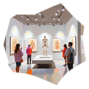 A modern museum exhibit featuring Vesalius' anatomy illustrations
