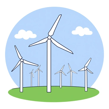 A vast field of modern wind turbines with sleek white blades rotating in the wind. Each turbine stands tall on a green grassy landscape, casting thin shadows on the ground. The sky above is clear and bright blue, with a few fluffy white clouds scattered lightly. The scene captures the technology of renewable energy harmoniously integrated into nature.
