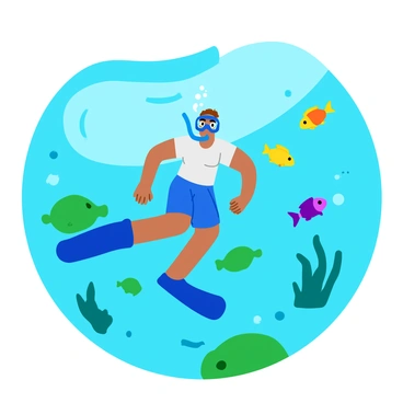 A person wearing a bright blue snorkel mask and fins is submerged in clear, turquoise water. The sunlight filters through the surface, creating a shimmering effect around them. Vibrant schools of fish in various colors, including yellow, orange, and purple, swim energetically around the snorkeler. Patches of green and blue cyanobacteria drift gently beneath the surface, adding contrast to the scene. The snorkeler's body is partially submerged, with bubbles rising from the snorkel.