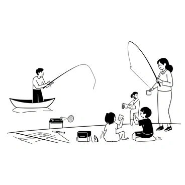 A family of four is gathered by a tranquil lake. The father is standing in a small boat, casting a fishing rod into the water. The mother is sitting on the lake's edge, holding a fishing tackle box, while a young boy and girl are playing nearby with a net and bucket. The scene shows various fishing gear scattered around, including rods, a cooler, and a picnic blanket laid out on the grass. The surface of the lake is calm, reflecting the surrounding trees and sky.