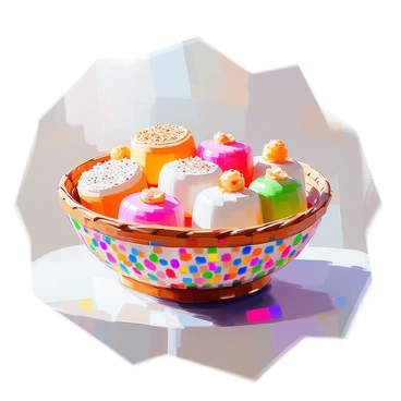 An ornate Nyonya basket filled with traditional treats and sweets in bright colors