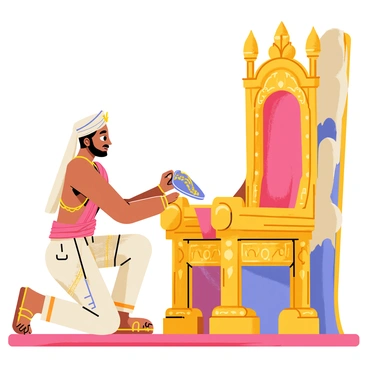 Bharat, dressed in traditional attire with intricate patterns, is kneeling beside a grand throne. He gently places a pair of ornate sandals, adorned with gold details, on the throne's cushioned seat. The throne itself is richly decorated with elaborate carvings and vibrant colors. Bharat's expression reflects deep reverence and respect, while intricate drapes and a soft carpet add to the opulent setting. In the background, subtle hints of a regal palace can be seen, enhancing the significance of this gesture.