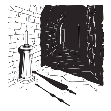 A white flickering candle is placed on a stone pedestal in an old stone hallway. The candle emits a warm glow, illuminating the rough texture of the stone walls. Long, dark shadows stretch across the floor, creating a stark contrast against the light. The hallway is lined with weathered stones, and faint traces of age can be seen on the surfaces, adding to the atmosphere of the scene. The flicker of the candlelight dances across the walls, enhancing the depth of the shadows.