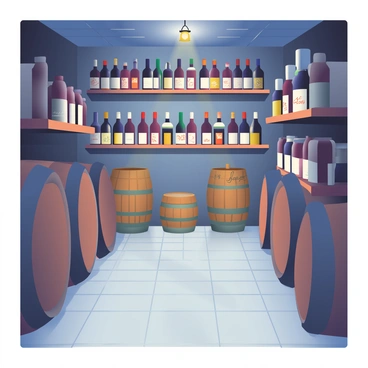 A dimly lit wine cellar features rows of vintage wine bottles neatly arranged on wooden shelves. The bottles have various labels, showcasing a range of colors, including deep burgundy and rich amber. Oak barrels are positioned along the walls, some stacked on top of each other, each marked with handwritten dates. Shadows play across the stone floor, creating a sense of depth and warmth in the space. A faint glow emanates from a small lantern hanging from the ceiling, adding to the ambiance of the cellar.